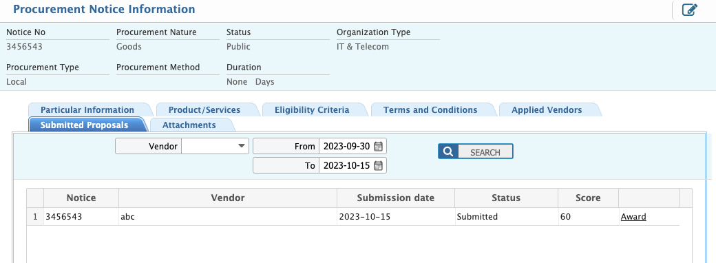 Submitted Proposal Award